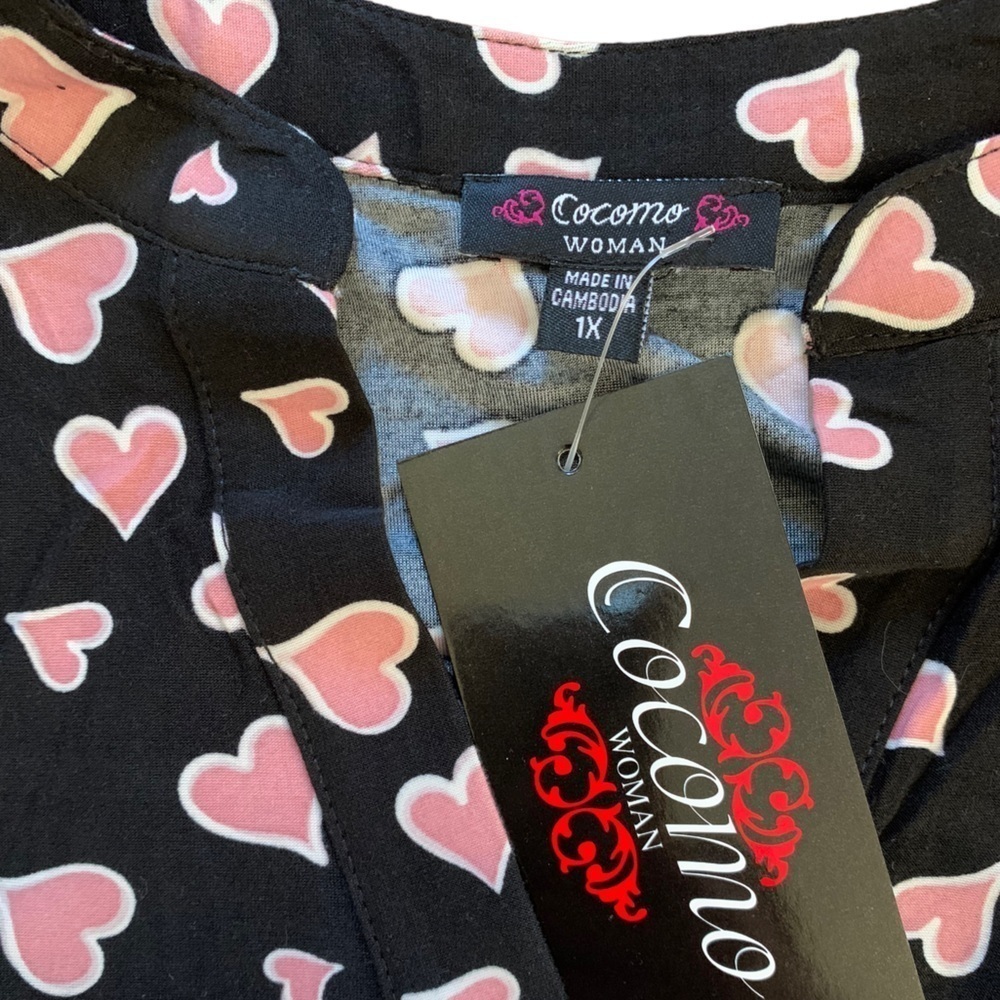 COCOMO 1X Black Pink hearts Plus Size 3/4 sleeve women’s Pintuck tunic blouse - Picture 10 of 13